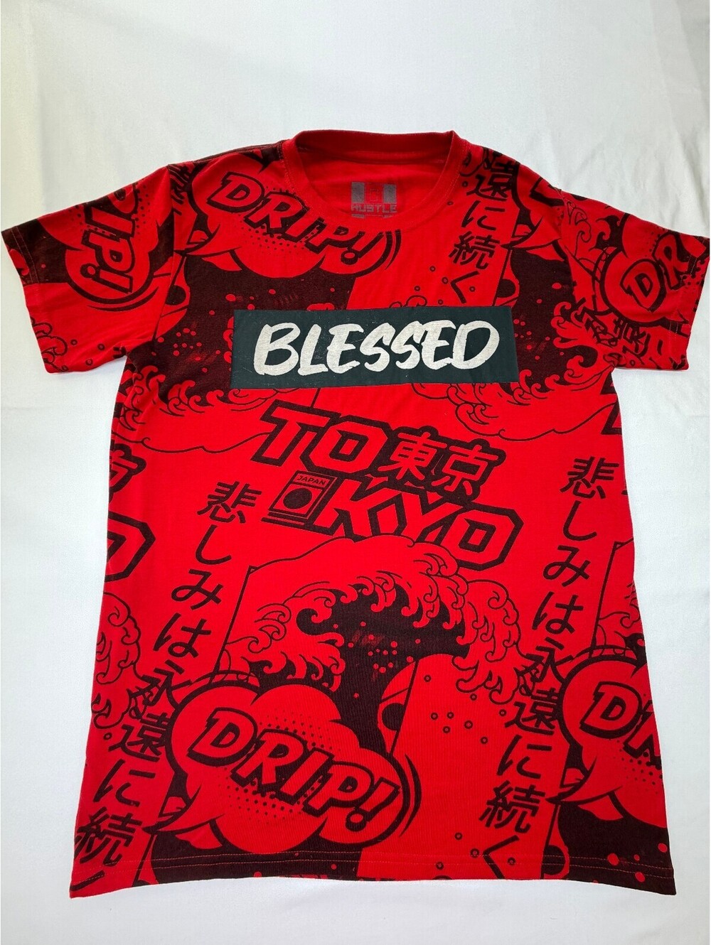 Hustle Mens T-Shirt All Over Print Blessed Crew Neck Short Sleeve Size Large Red